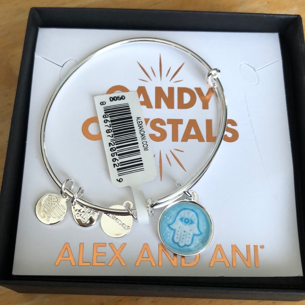 Alex And Ani Shiny Silver Candy Crystal Round Hamsa Charm Expandable Bangle NWT